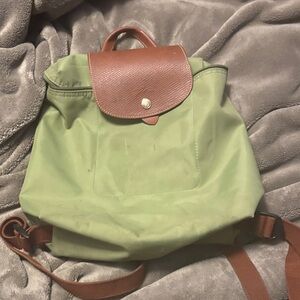Longchamp Le Pliage Pistachio Green Nylon Backpack with Brown Leather Flap-used